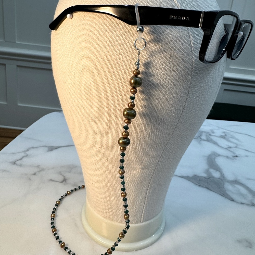 One of a kind, handmade Natural large green pearl glasses chain